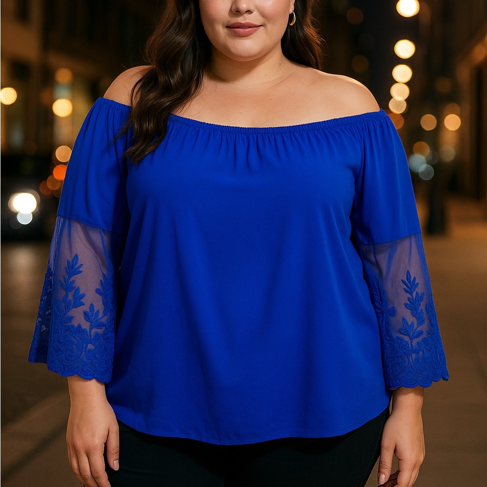 Royal Blue Off-Shoulder Blouse 2X – Sheer Embroidered Sleeve Boho‎ Top